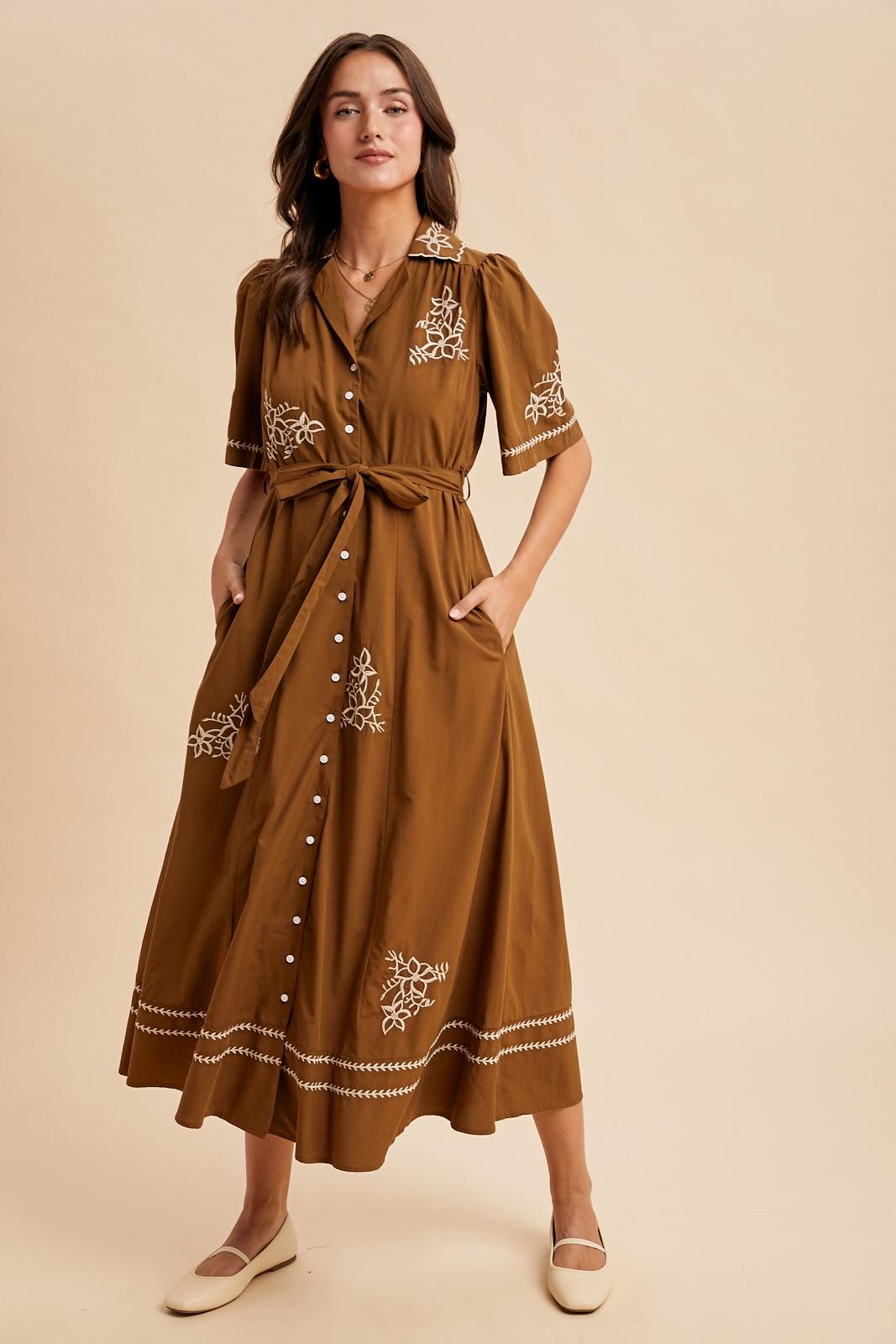 Brown Embroidered Button Down Maxi Dress PinkBlush Brown Embroidered Button Down Maxi Dress PinkBlush