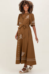 Brown Embroidered Button Down Maternity Maxi Dress