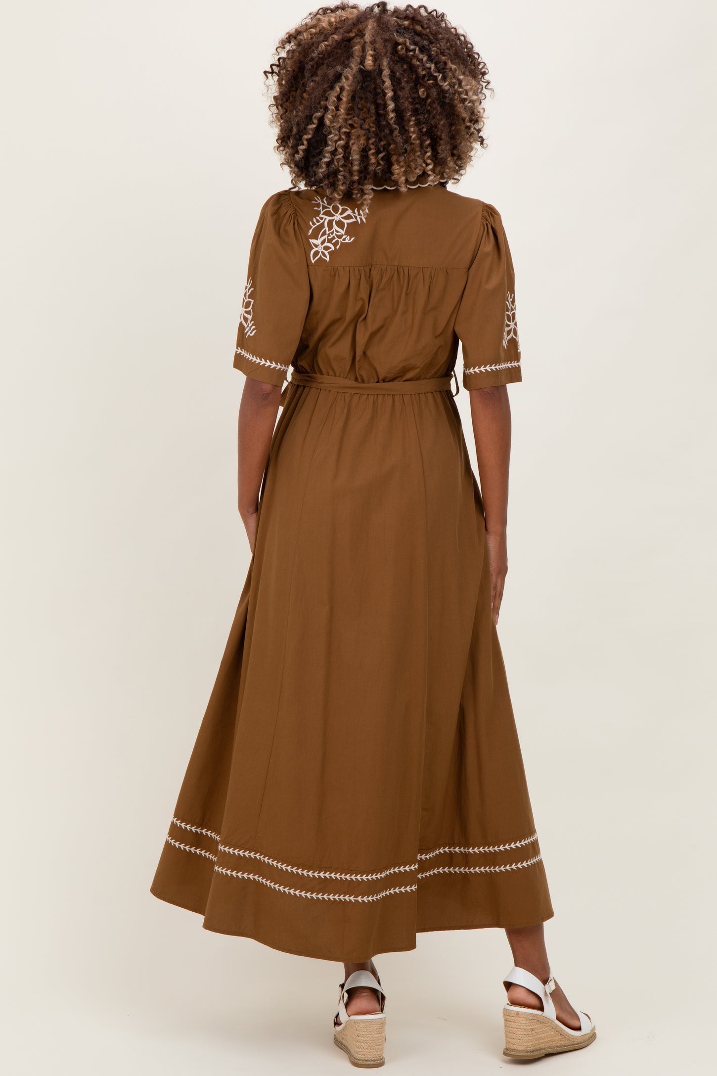 Brown Embroidered Button Down Maternity Maxi Dress