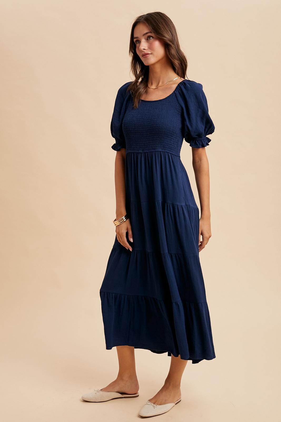 Navy Smocked Tiered Maxi Dress