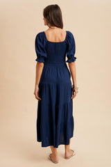 Navy Smocked Tiered Maxi Dress