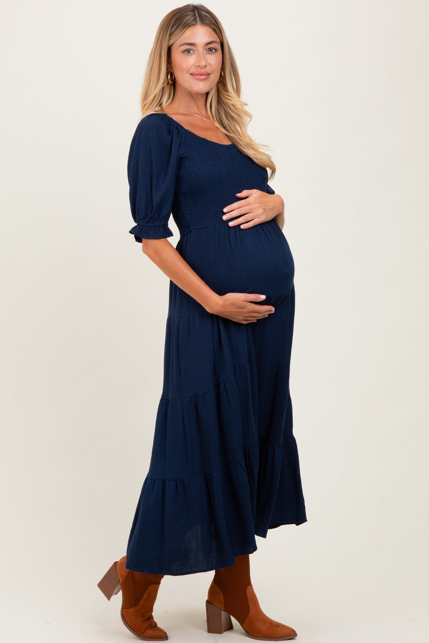 Navy Smocked Tiered Maternity Maxi Dress