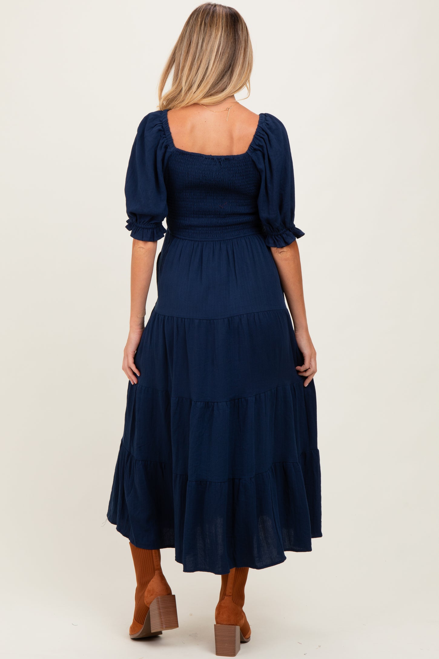 Navy Smocked Tiered Maternity Maxi Dress