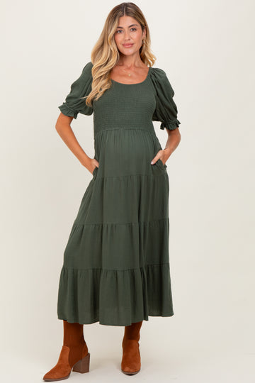 Olive Smocked Tiered Maternity Maxi Dress