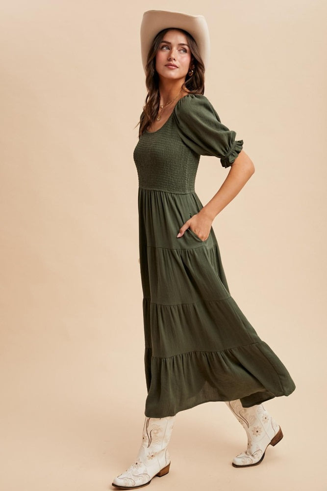 Olive Smocked Tiered Maxi Dress
