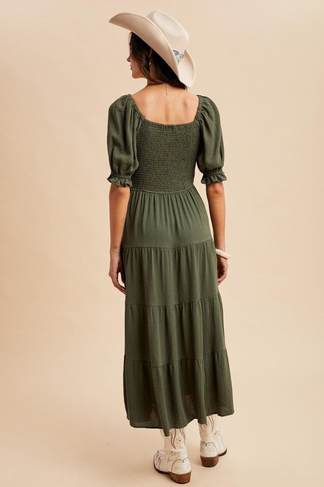 Olive Smocked Tiered Maxi Dress