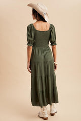 Olive Smocked Tiered Maxi Dress