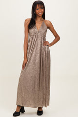 Mocha Gold Gold Foiled Plunging Maxi Dress