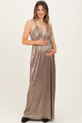 Mocha Gold Gold Foiled Plunging Maternity Maxi Dress