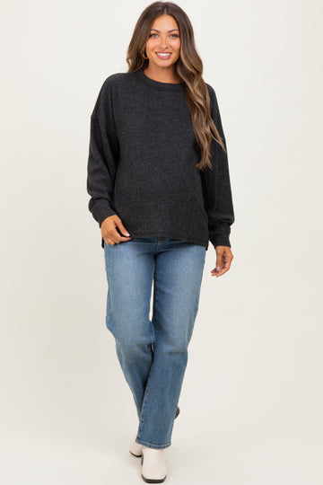 Black Brushed Ribbed Knit Maternity Pullover