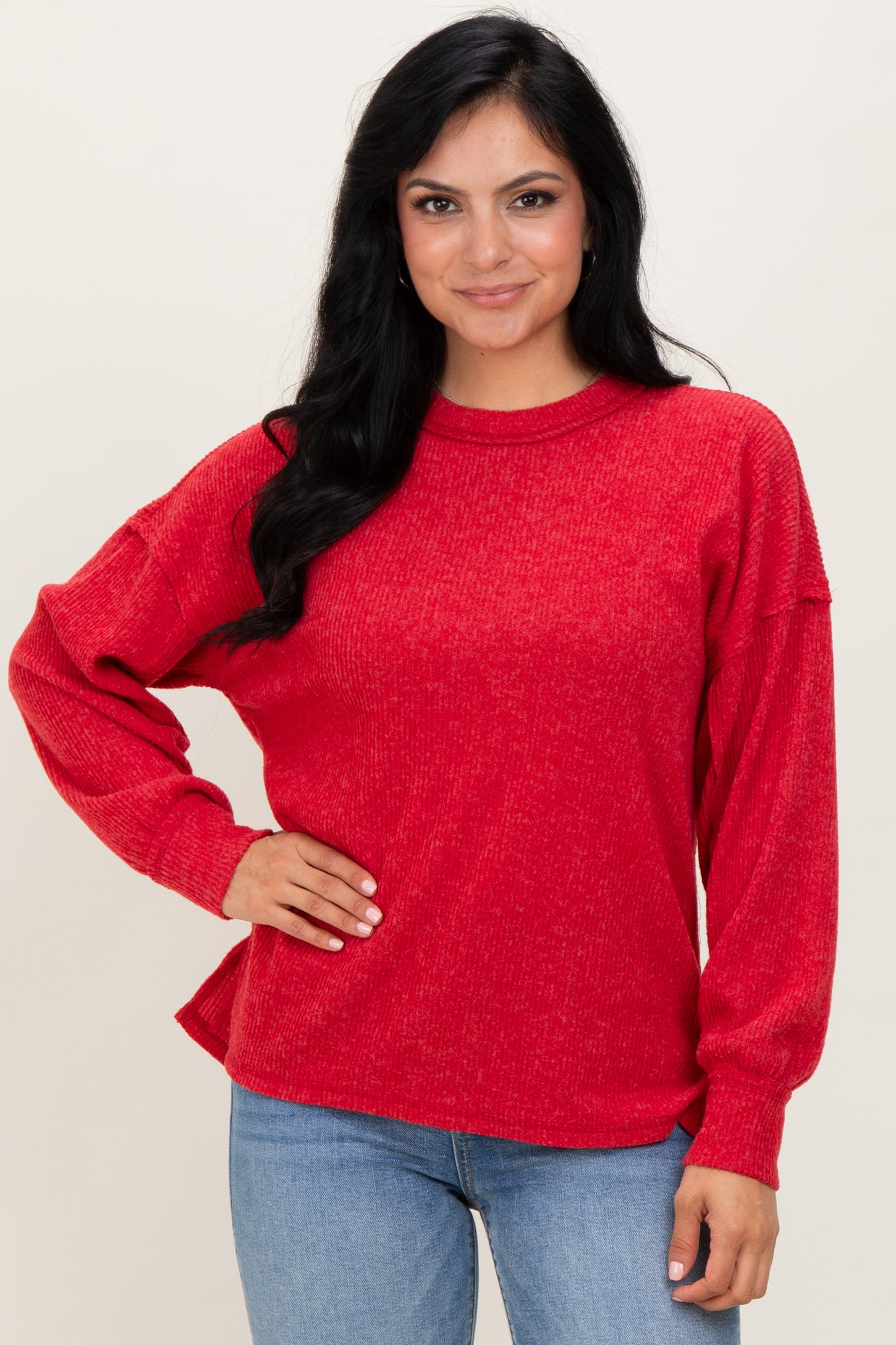 Red Brushed Ribbed Knit Pullover