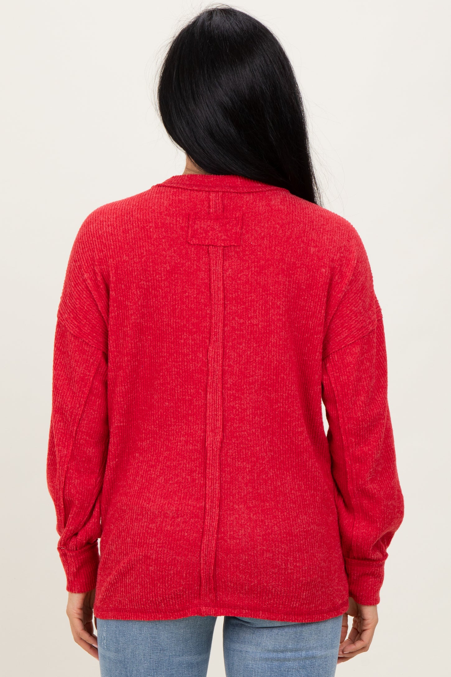 Red Brushed Ribbed Knit Pullover