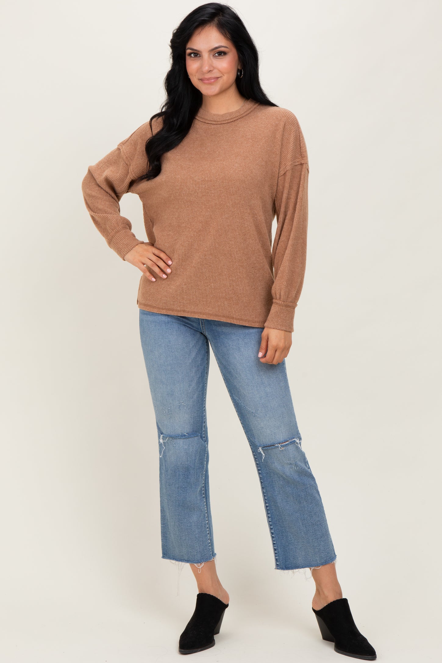 Camel Brushed Ribbed Knit Pullover