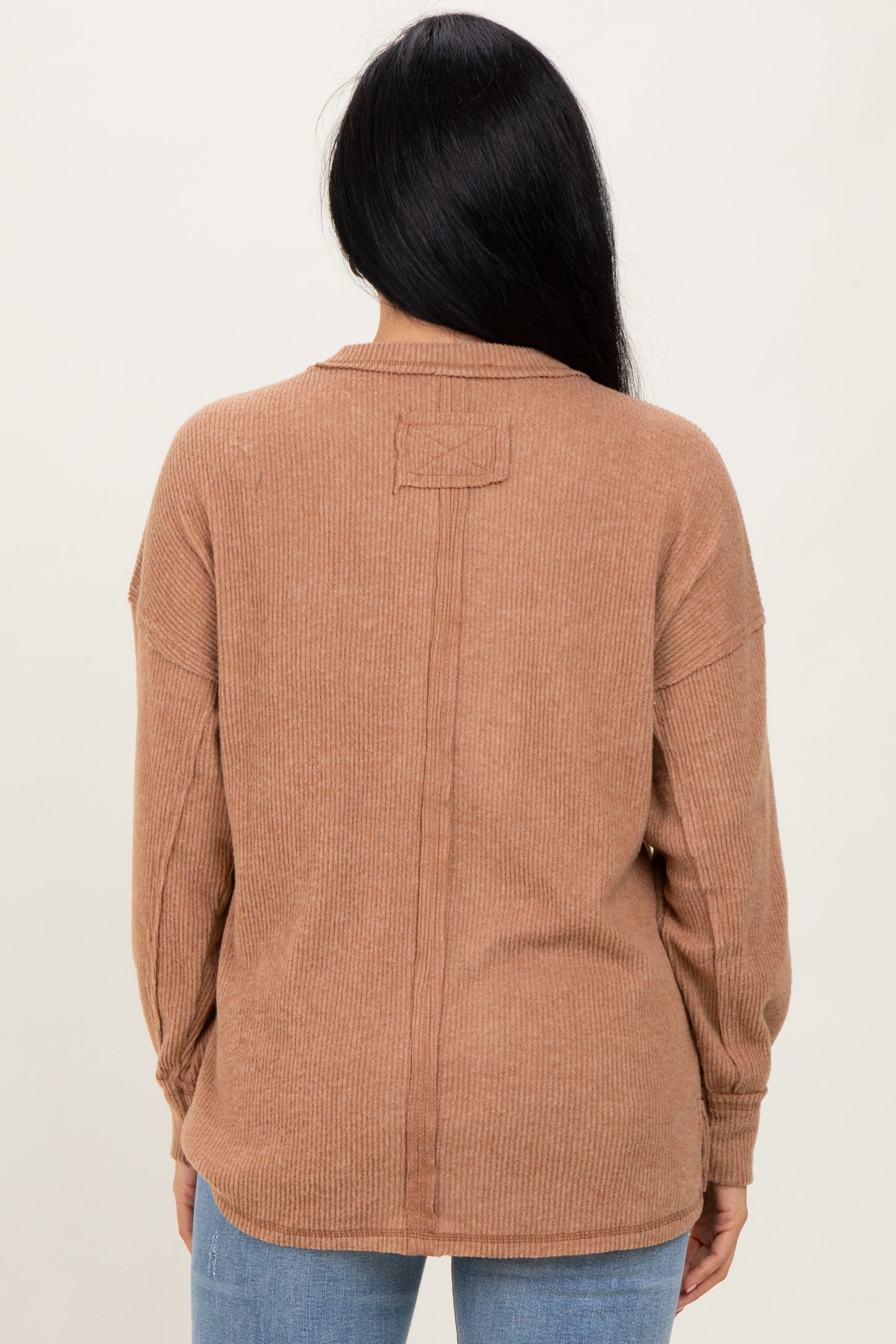 Camel Brushed Ribbed Knit Pullover