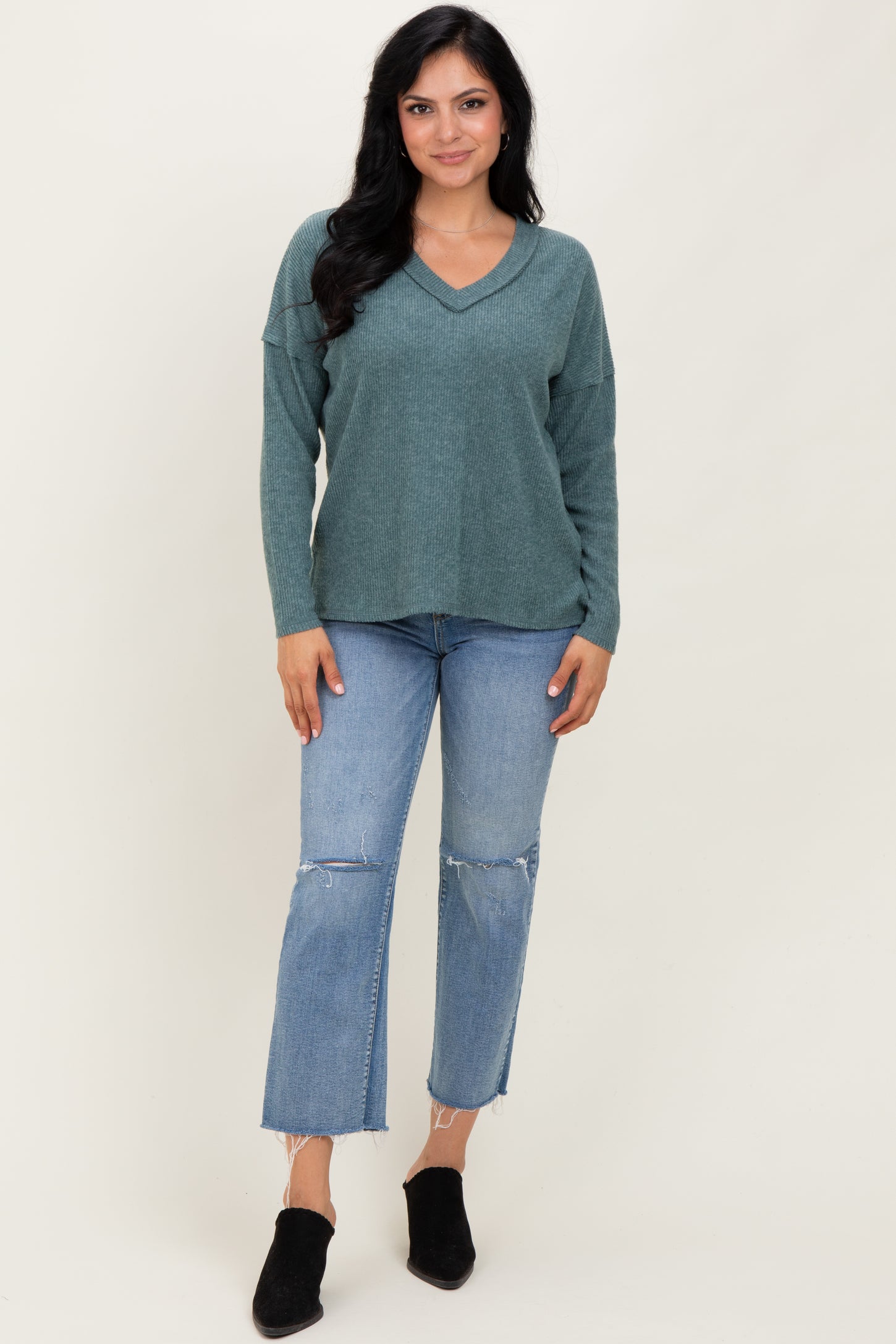 Ash Jade Ribbed V-Neck Long Sleeve Top