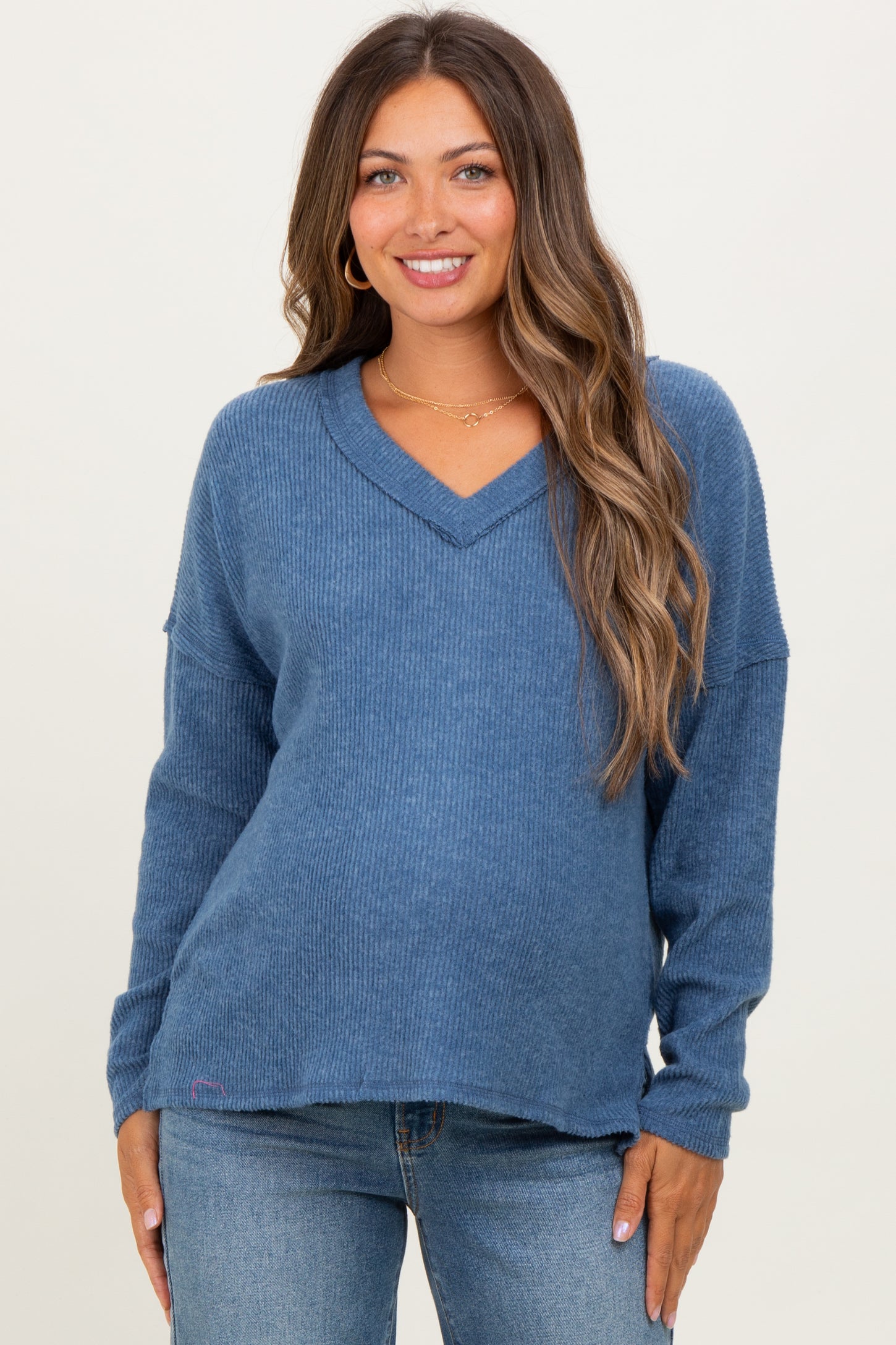 Dusty Blue Ribbed V-Neck Long Sleeve Maternity Top