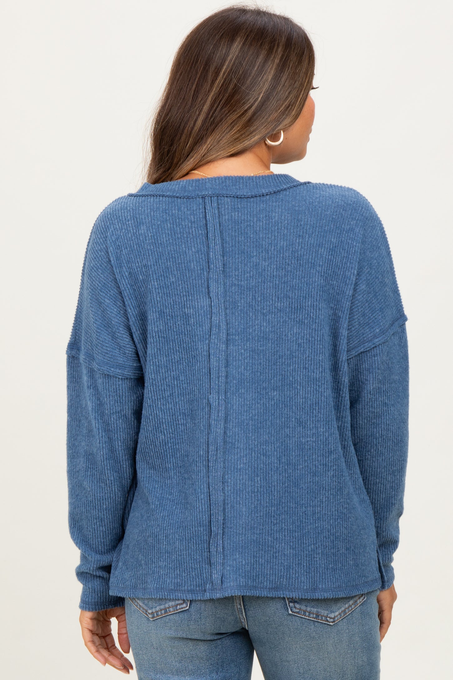 Dusty Blue Ribbed V-Neck Long Sleeve Maternity Top