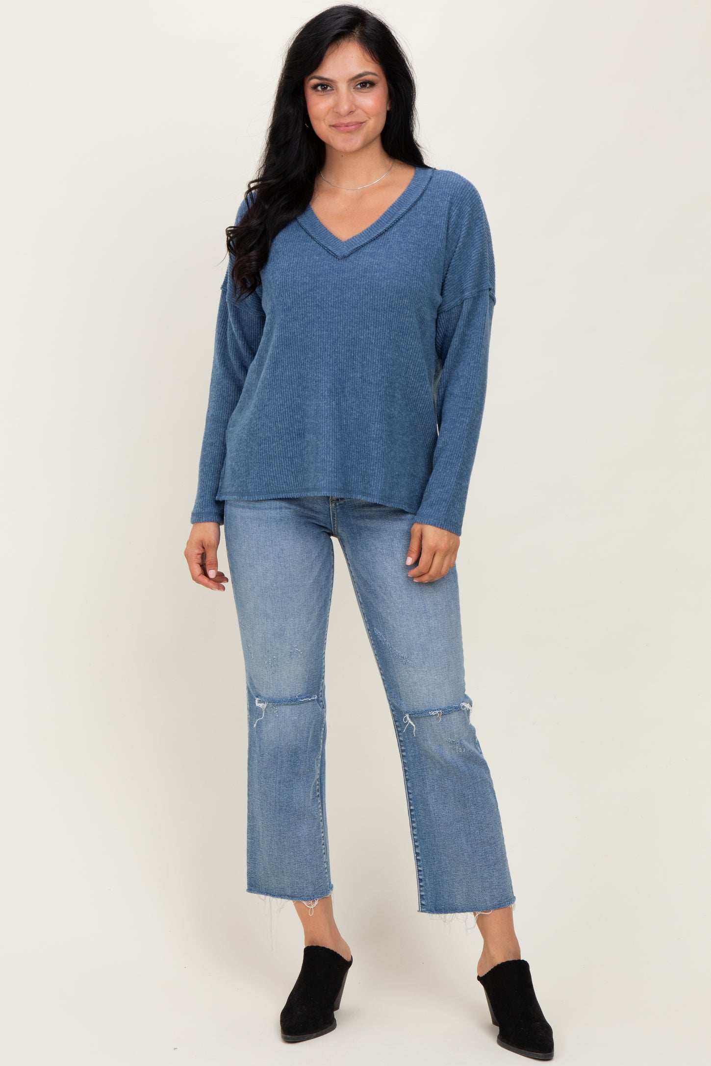 Dusty Blue Ribbed V-Neck Long Sleeve Top