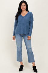 Dusty Blue Ribbed V-Neck Long Sleeve Top