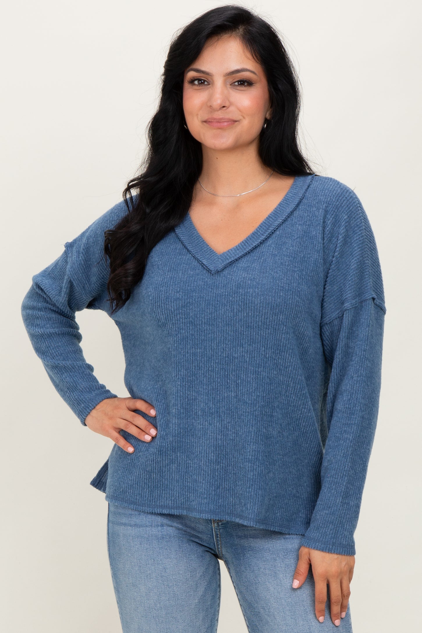 Dusty Blue Ribbed V-Neck Long Sleeve Maternity Top