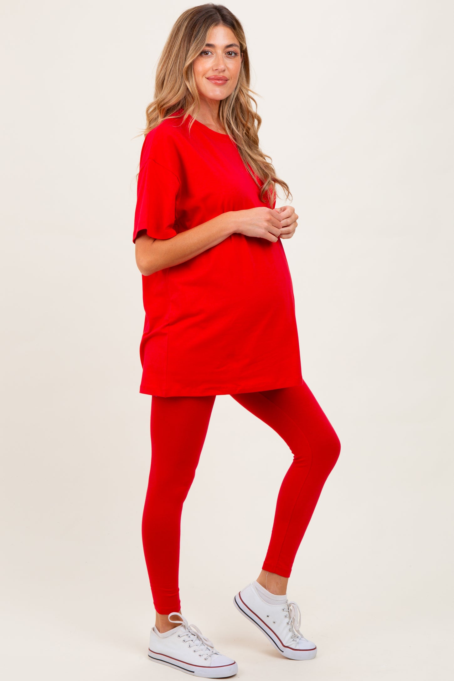 Red Oversized Crewneck Short Sleeve and Legging Maternity Set