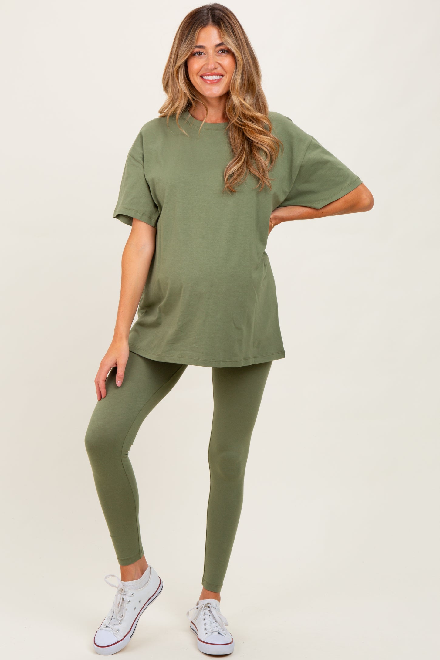 Light Olive Oversized Crewneck Short Sleeve and Legging Maternity Set