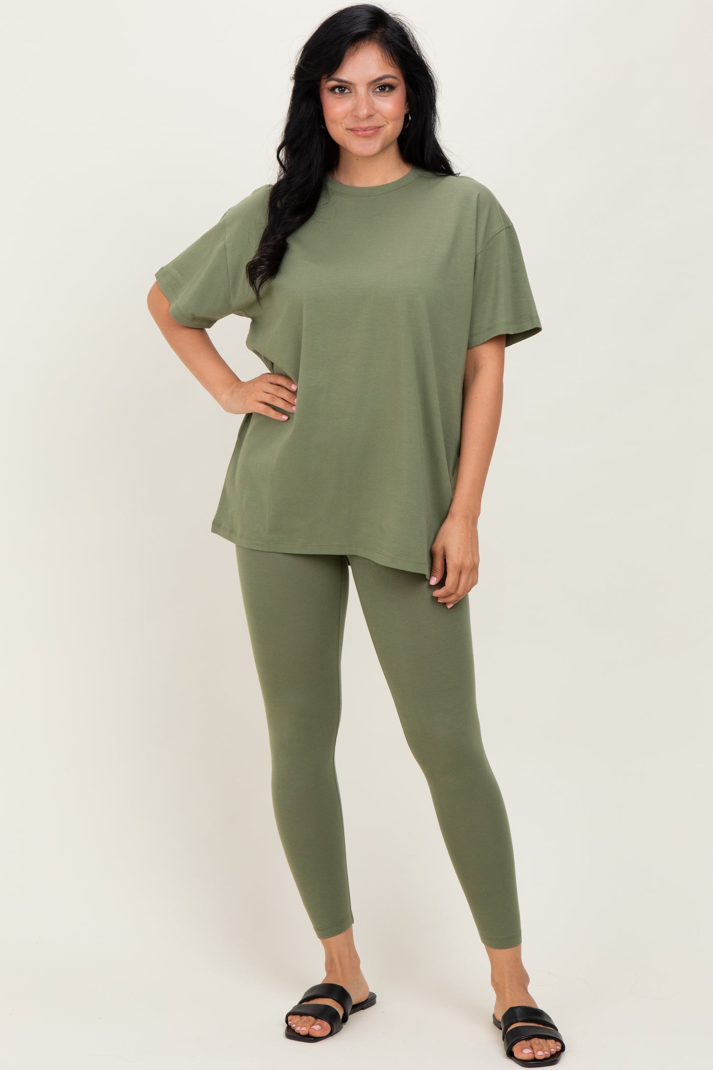 Light Olive Oversized Crewneck Short Sleeve and Legging Maternity Set