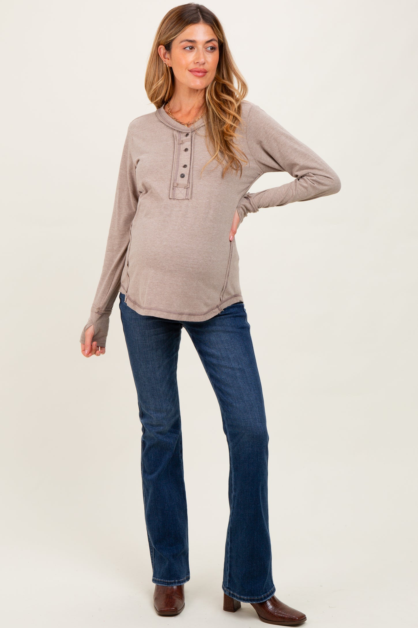 Heather Mocha Long Sleeve Exposed Seam Maternity Top