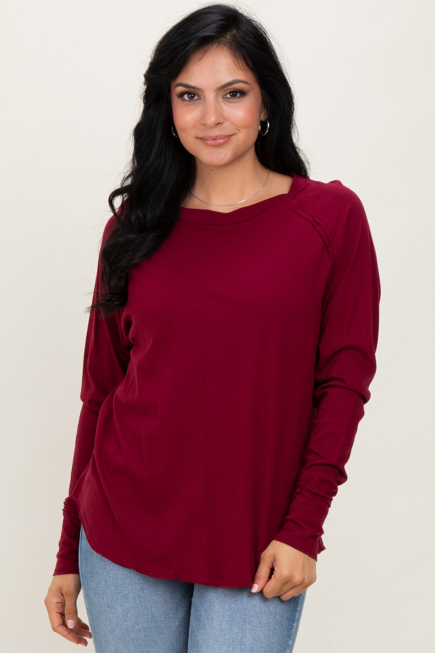 Burgundy Exposed Seam Long Sleeve Maternity Top