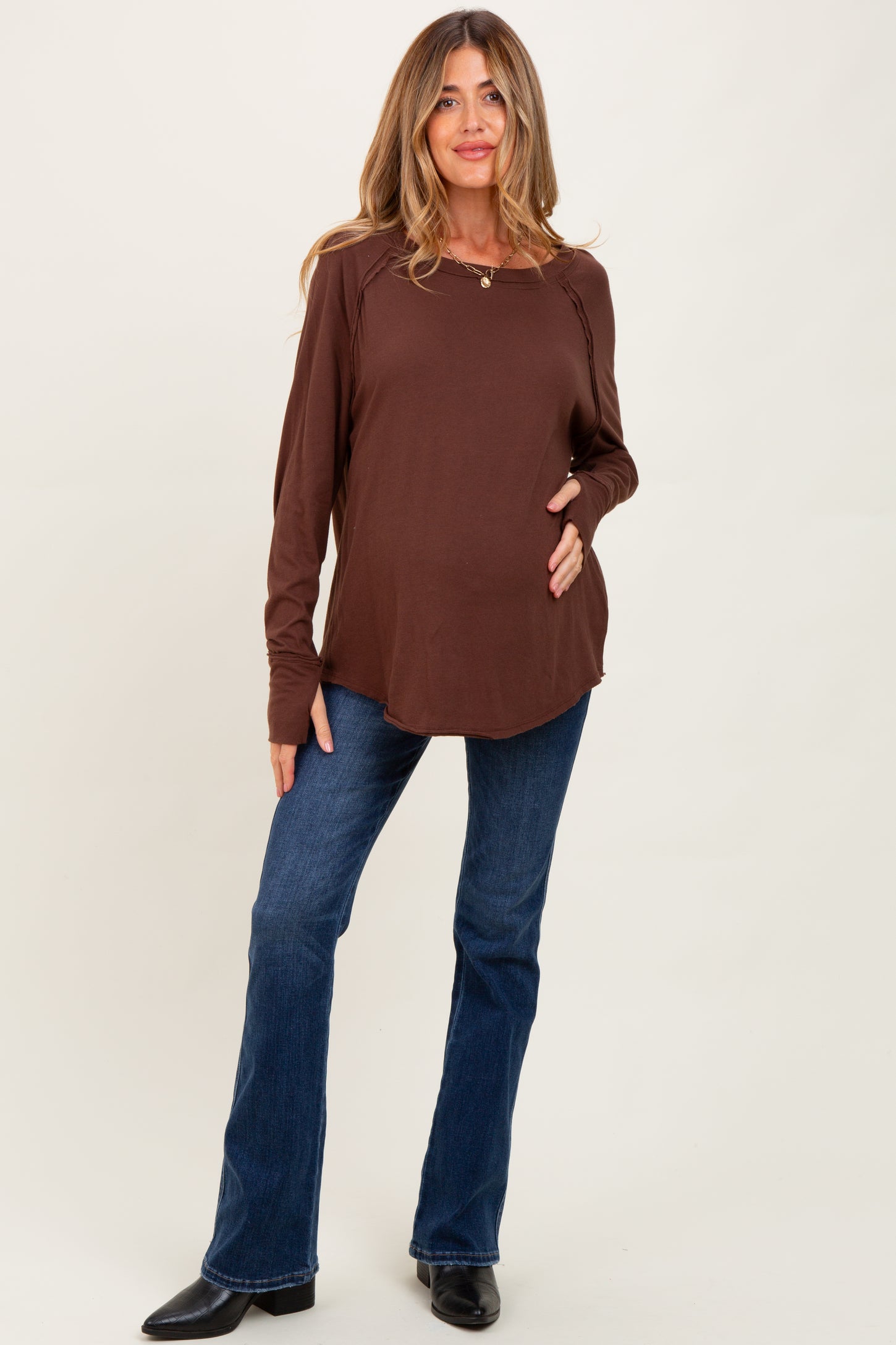 Brown Exposed Seam Long Sleeve Maternity Top