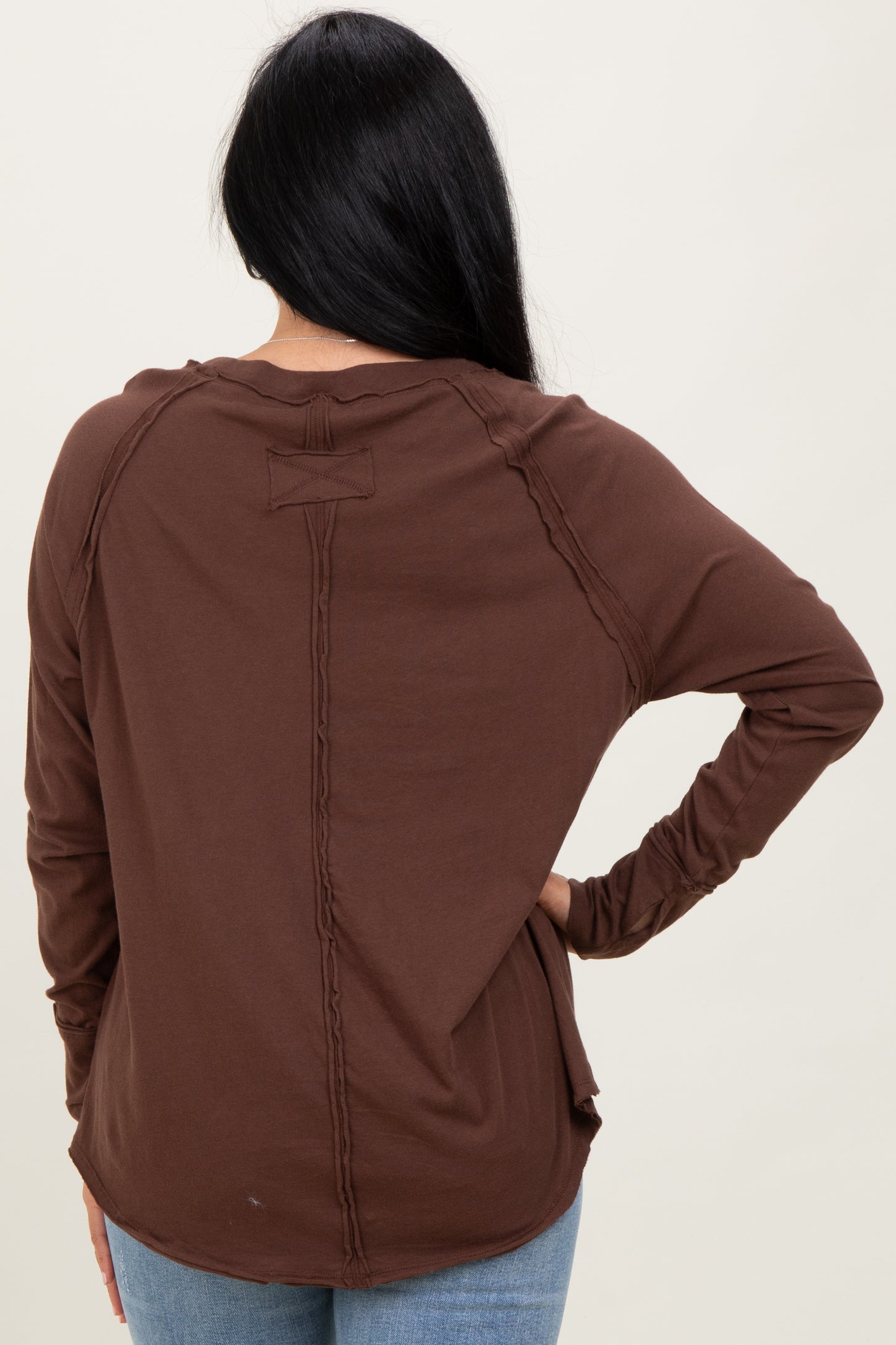 Brown Exposed Seam Long Sleeve Top