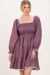 Cranberry Vintage Checked Plaid Square-Neck Maternity Dress
