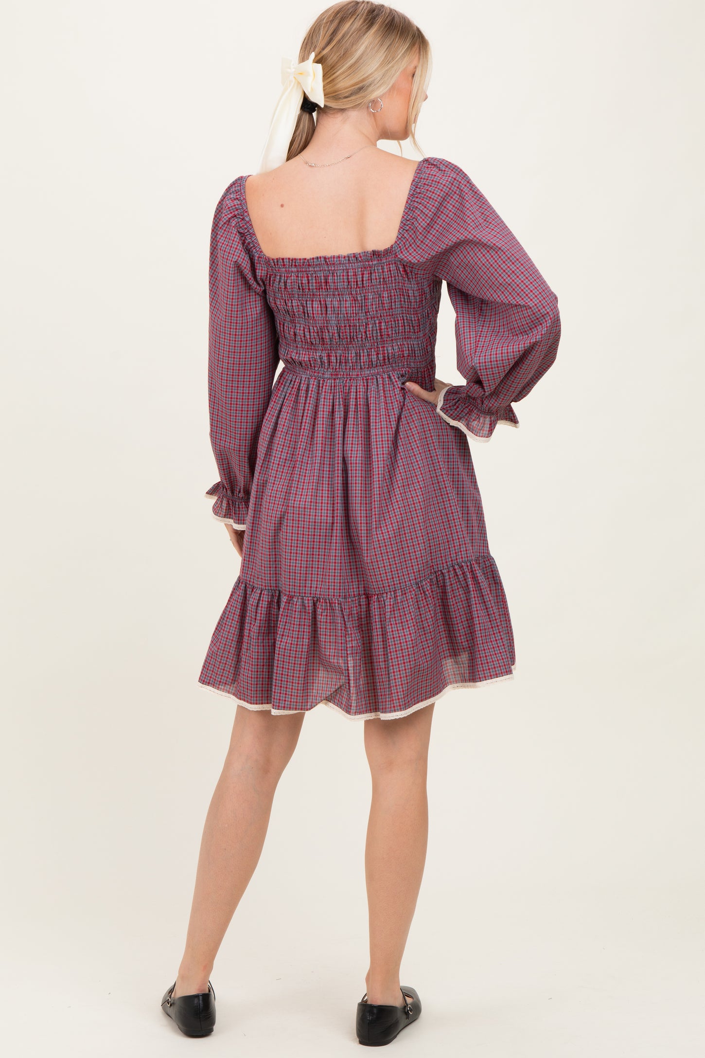 Cranberry Vintage Checked Plaid Square-Neck Dress