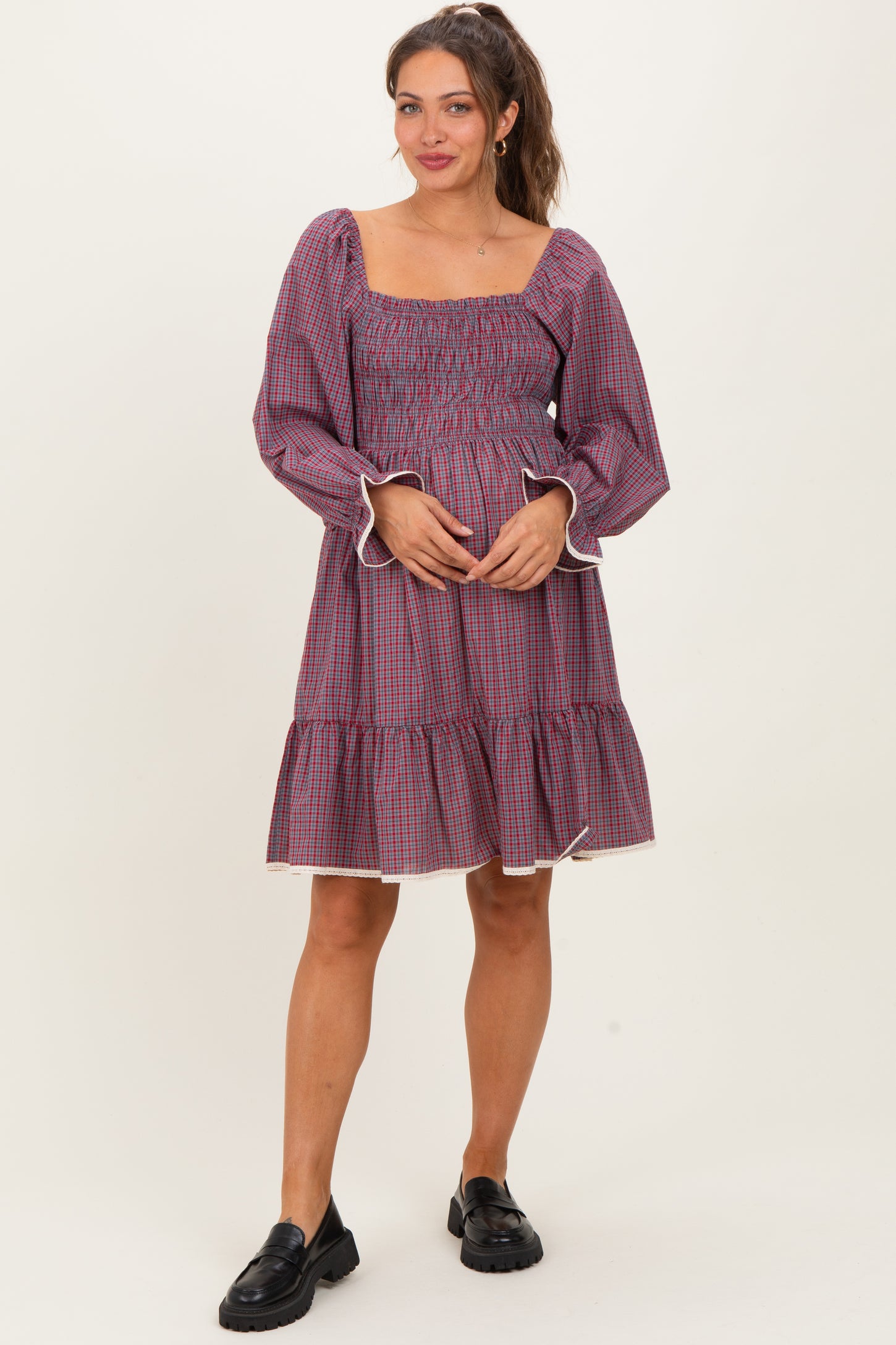 Cranberry Vintage Checked Plaid Square-Neck Maternity Dress