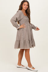 Beige Vintage Checked Plaid Square-Neck Maternity Dress