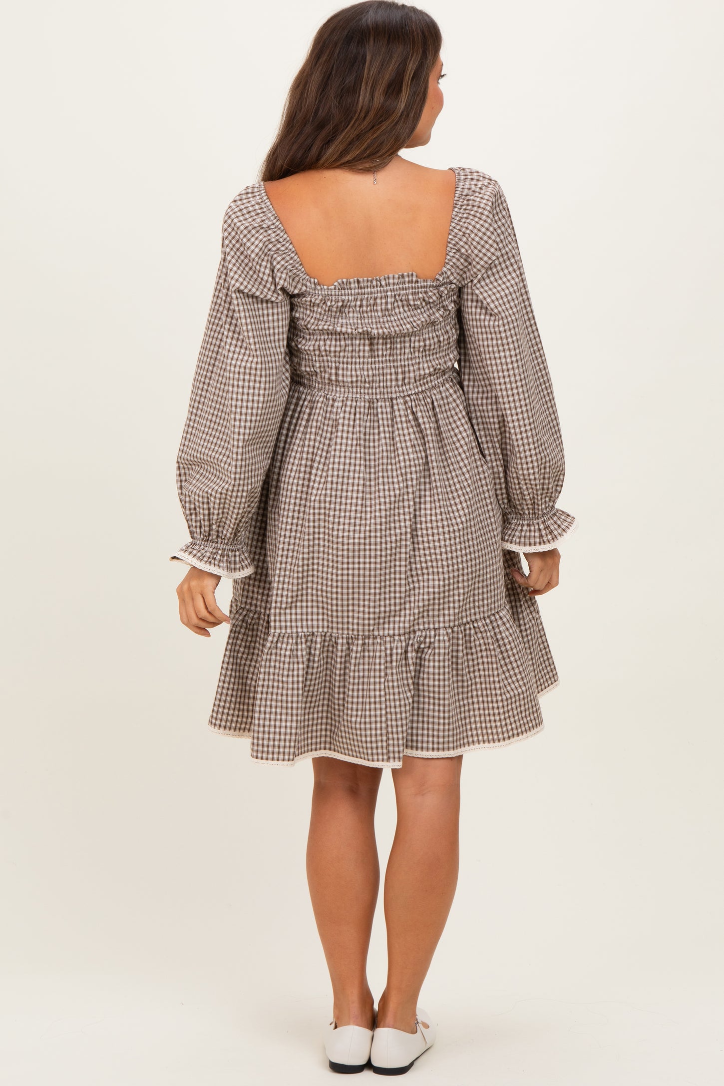 Beige Vintage Checked Plaid Square-Neck Maternity Dress