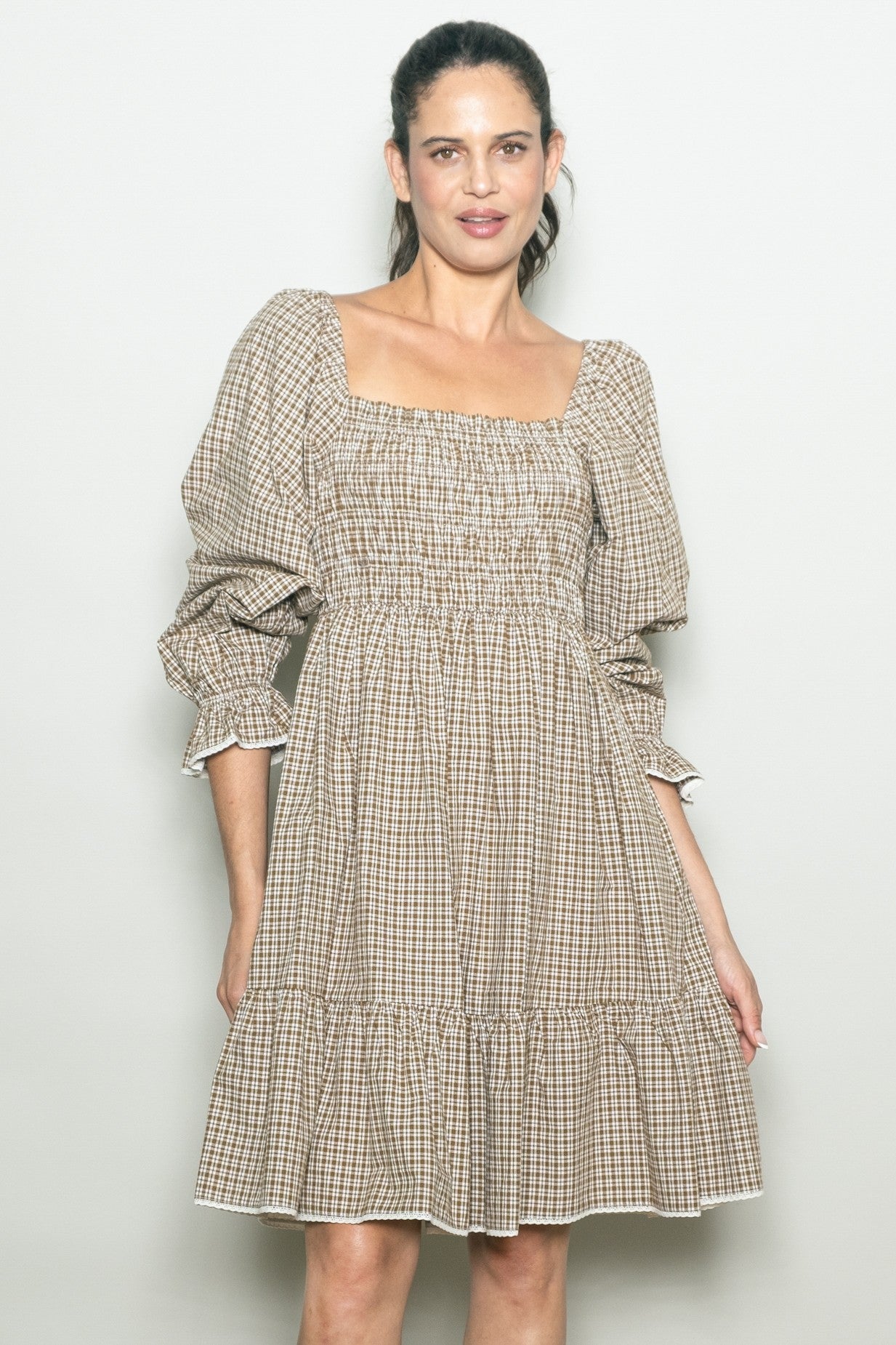 Beige Vintage Checked Plaid Square-Neck Dress