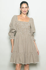 Beige Vintage Checked Plaid Square-Neck Dress