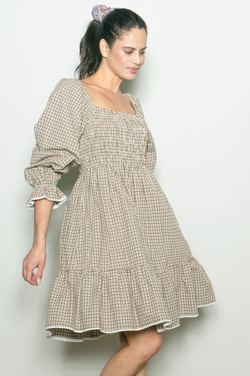 Beige Vintage Checked Plaid Square-Neck Dress