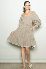 Beige Vintage Checked Plaid Square-Neck Dress