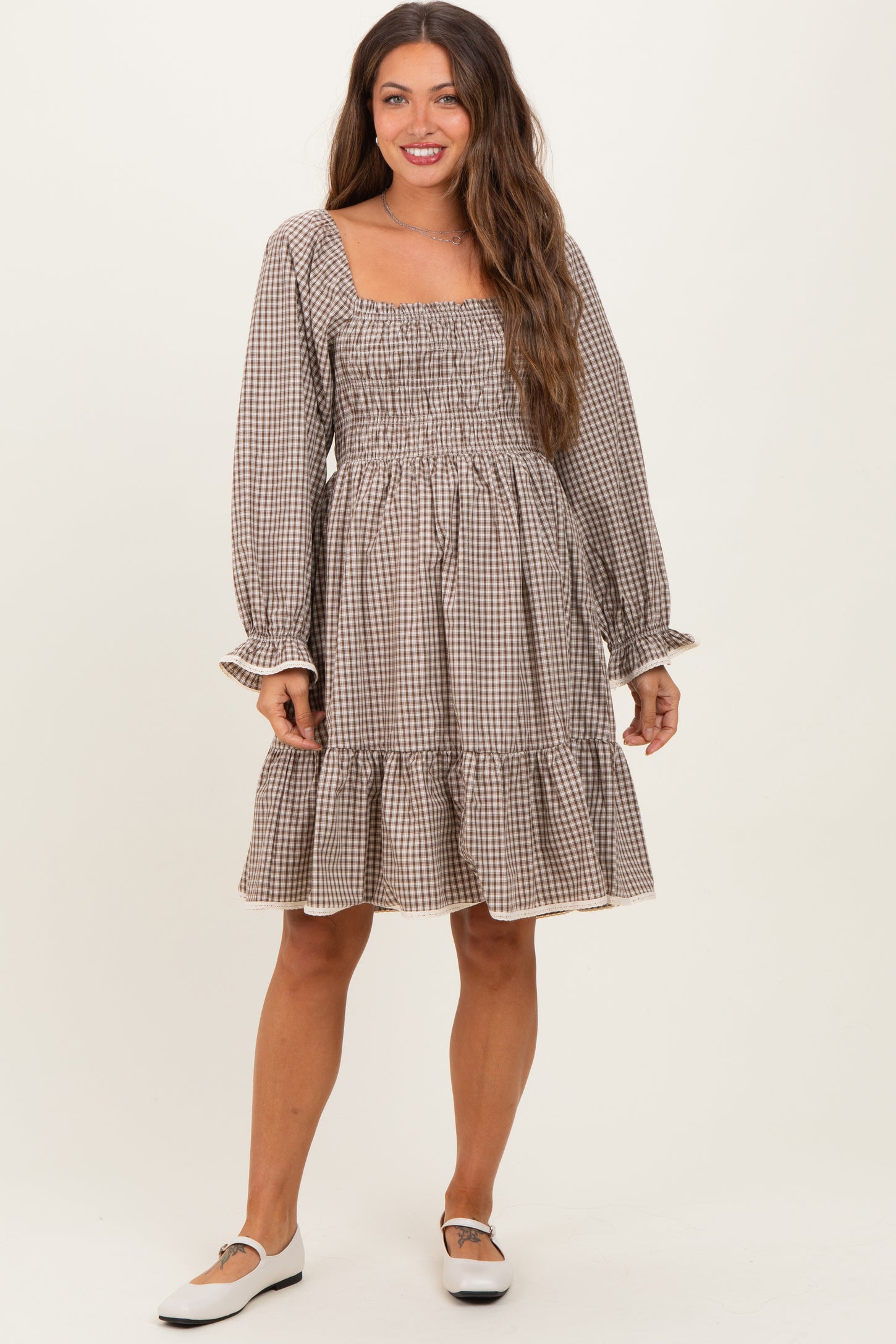 Beige Vintage Checked Plaid Square-Neck Maternity Dress