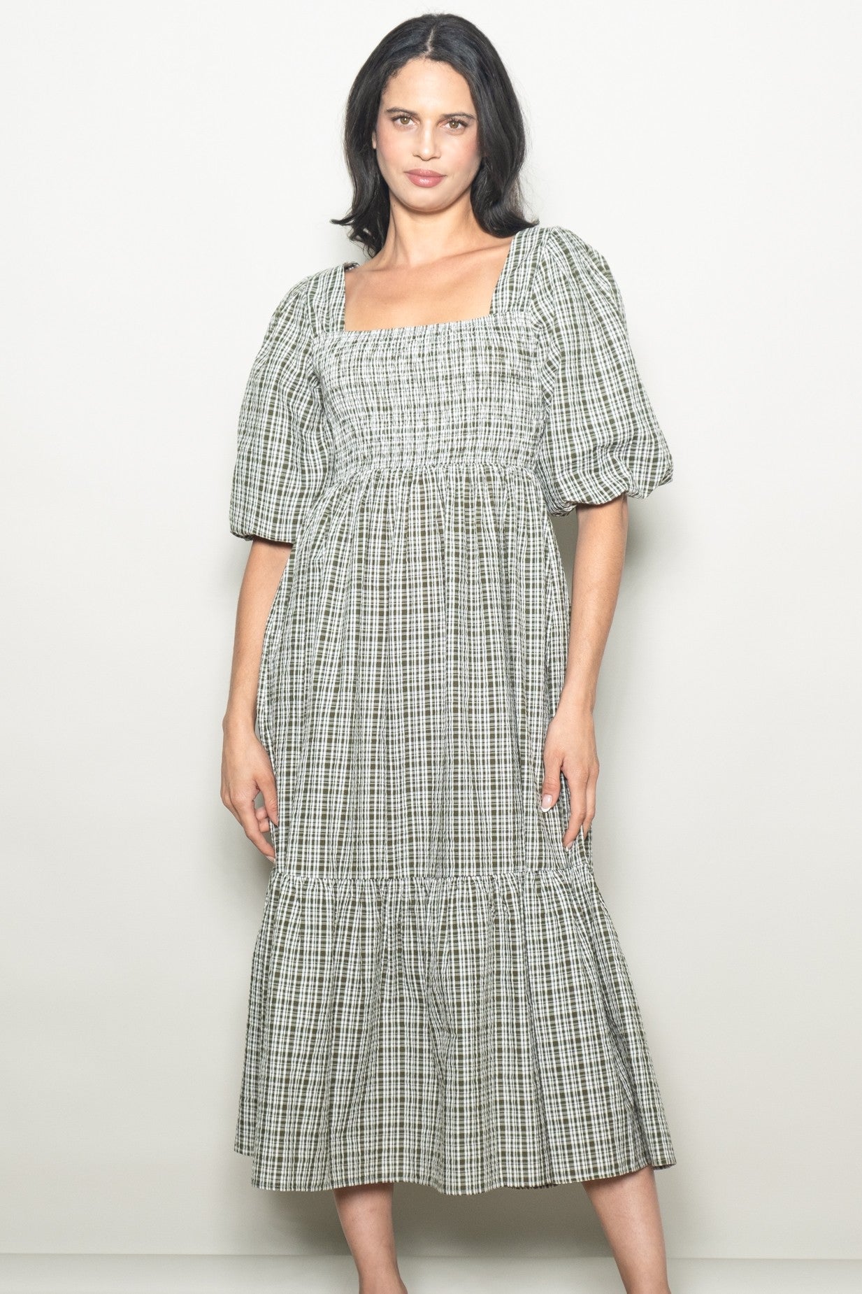 Sage Plaid  Bubble Sleeve Dress