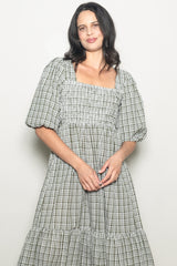 Sage Plaid  Bubble Sleeve Dress