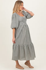 Sage Plaid  Bubble Sleeve Maternity Dress