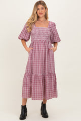 Red Plaid  Bubble Sleeve Maternity Dress