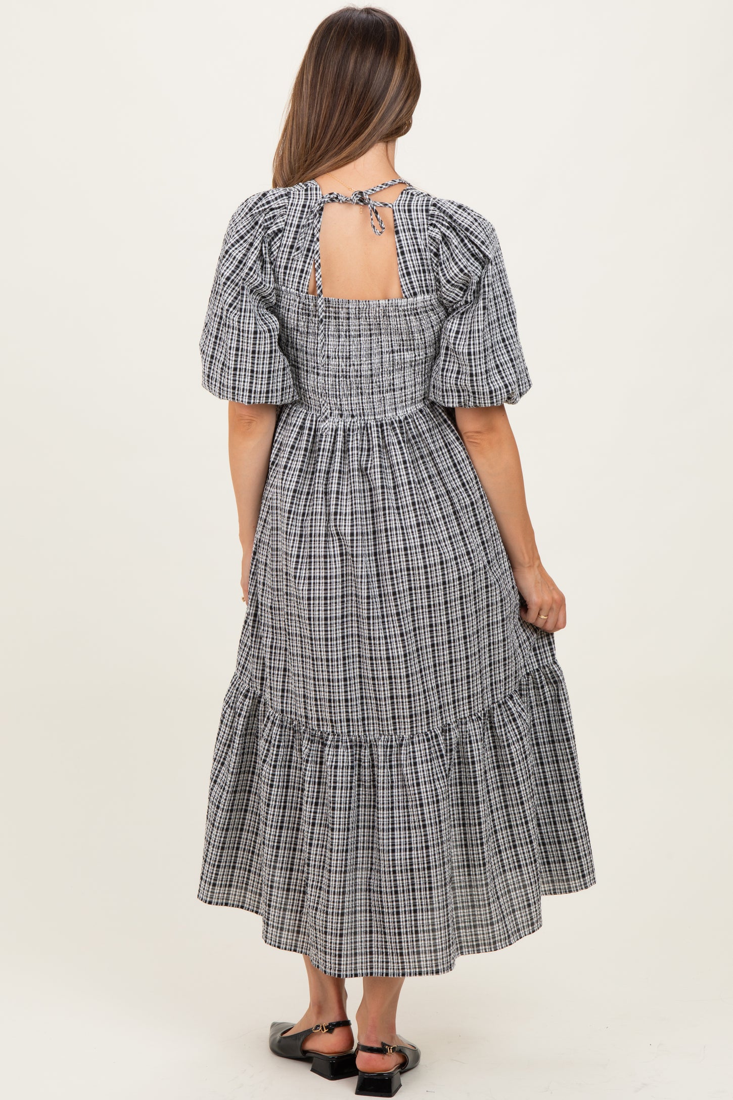 black white maternity dress Black Plaid Bubble Sleeve Maternity Dress