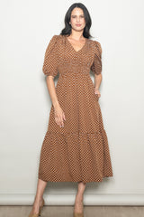Coffee Polka Dots V Neck Flowy Dress