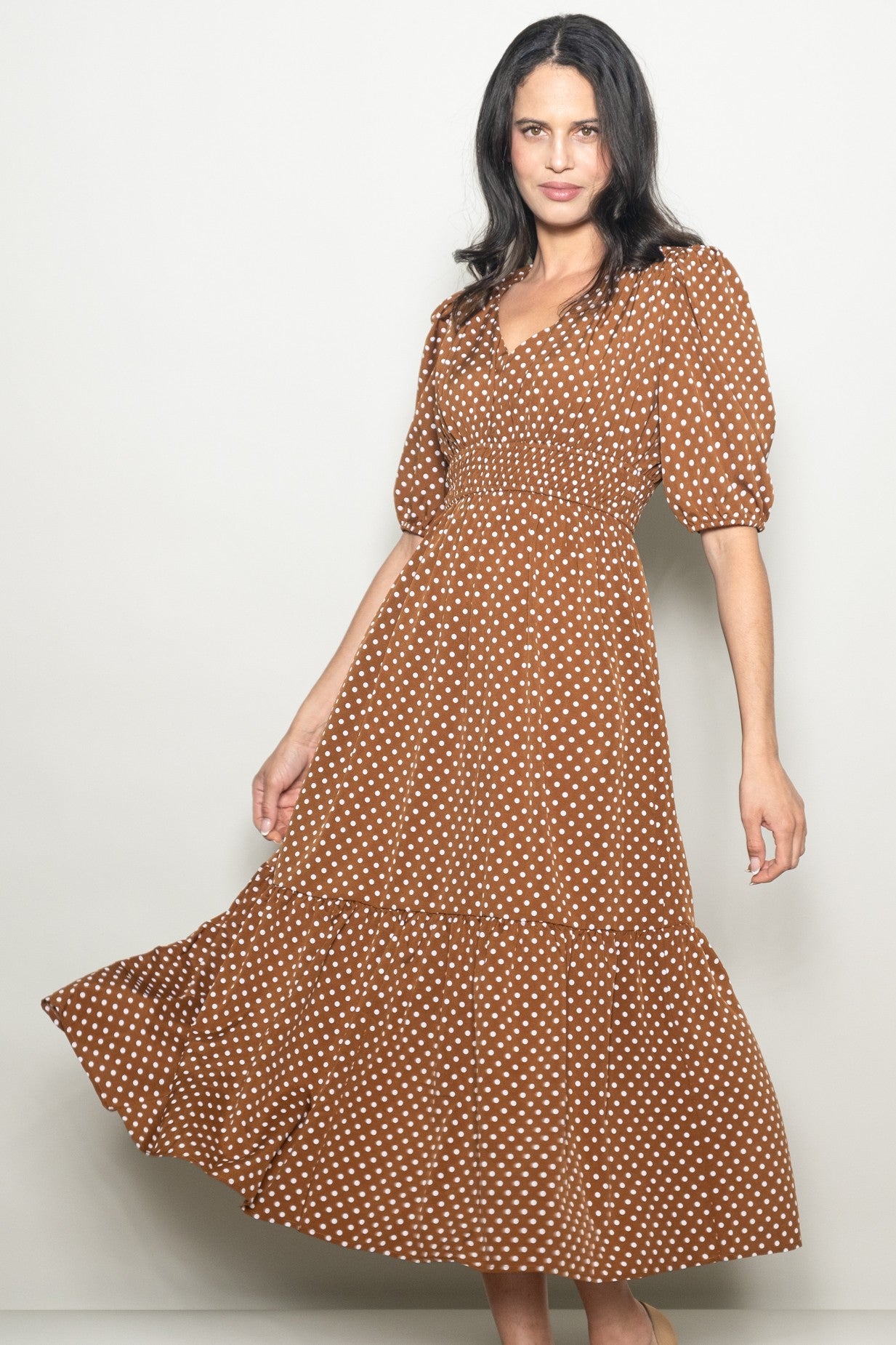 Coffee Polka Dots V Neck Flowy Dress