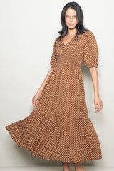 Coffee Polka Dots V Neck Flowy Dress