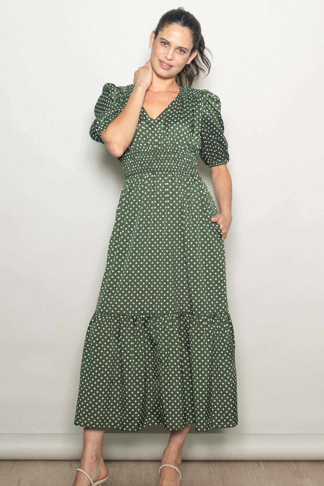 polka dot dress flowy Anewsta Spring & Summer Polka Dot Bow Tie Waist Flared Flowy Sheer Elegant  Dress, Suitable For Party, Vacation